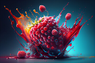 Poster - Beautiful photo raspberry splashed in bright paint, contemporary  background. Generative AI technology.