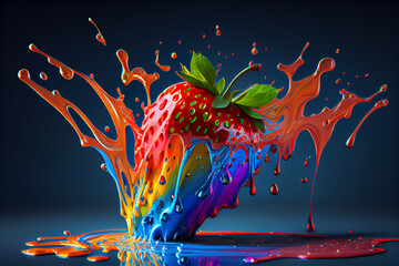 Aufkleber - Beautiful photo strawberry splashed in bright paint, contemporary  background. Generative AI technology.