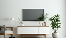 TV On Cabinet In Modern Living Room On A White Wall Background. Generative AI