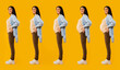 Collage of different stages of pregnancy, happy pregnant woman in casual posing on yellow background, full length