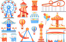 Fairground Attractions. Carnival Carousel And Adult Attraction On Festival Amusement Park, Fantasy Swing Rollercoaster Playground Wheel Cartoon Roundabout, Neat Vector Illustration