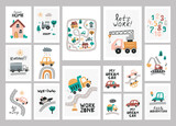 Fototapeta Dinusie - Big set of posters with cute nursery cars.