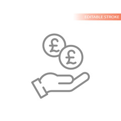 Wall Mural - Human hand and money British pound dropping coin line icon. Savings and payment concept vector outline icons.