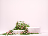 Fototapeta Przestrzenne - 3d spring floral scene with podium display on pink pastel background