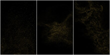 Set Of Gold Glitter Texture Isolated On Black Background. Golden Stardust. Amber Particles Color. Sparkles Rain. Vector Illustration, Eps 10.