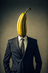 Wall Mural - Businessman with a banana-head. Surreal portrait depicting the workplace humorously. Man wearing business suit and tie. A fun and unique way to add personality to corporate imagery. Generative AI