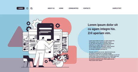 man developer creating website ui interface on smartphone screen web application development program software optimization
