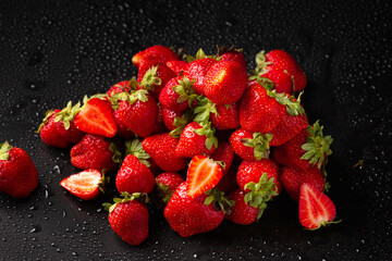 Wall Mural - Fresh Strawberry on dark background Close up. Selective focus. useful product