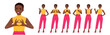 Young African American woman bright colors clothes in different poses set positive emotions. Isolated vector illustration set.