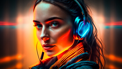 Generative AI illustration of a Creative Art of Futuristic Woman with Glowing Neon Headphones in Colorful Neon Background