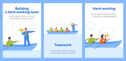 Wall Mural - Cartoon Banners Related To Teamwork And Unity. People In Boat Rowing In Unison With Coordinated Efforts Towards A Goal