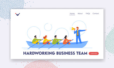 Wall Mural - Hardworking Business Team Landing Page Template. Teamwork, Unity, Collaboration Of Characters Working Together