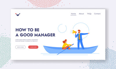 Wall Mural - Progress, Movement And Advancement Landing Page Template. Woman Row Boat to be a Good Manager with Leader Help