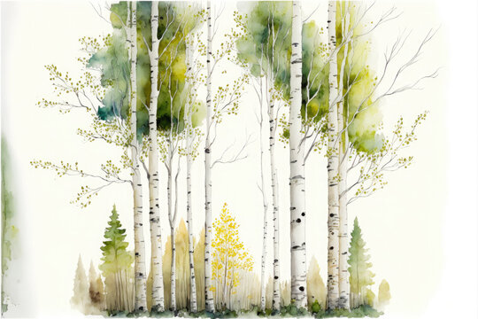 birch grove in summer season. watercolor illustration on white background. generative ai.