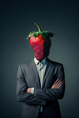 Wall Mural - A businessman, in a suit and tie, wearing a red strawberry head. A surreal portrait to illustrate with humor the world of work and business. Generative AI