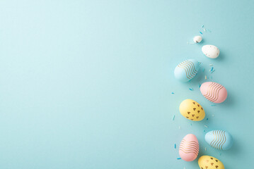 Wall Mural - Easter decor concept. Top view photo of colorful easter eggs and sprinkles on isolated pastel blue background with empty space