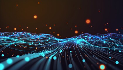 Data background of wires and glowing particles. Based on Generative AI