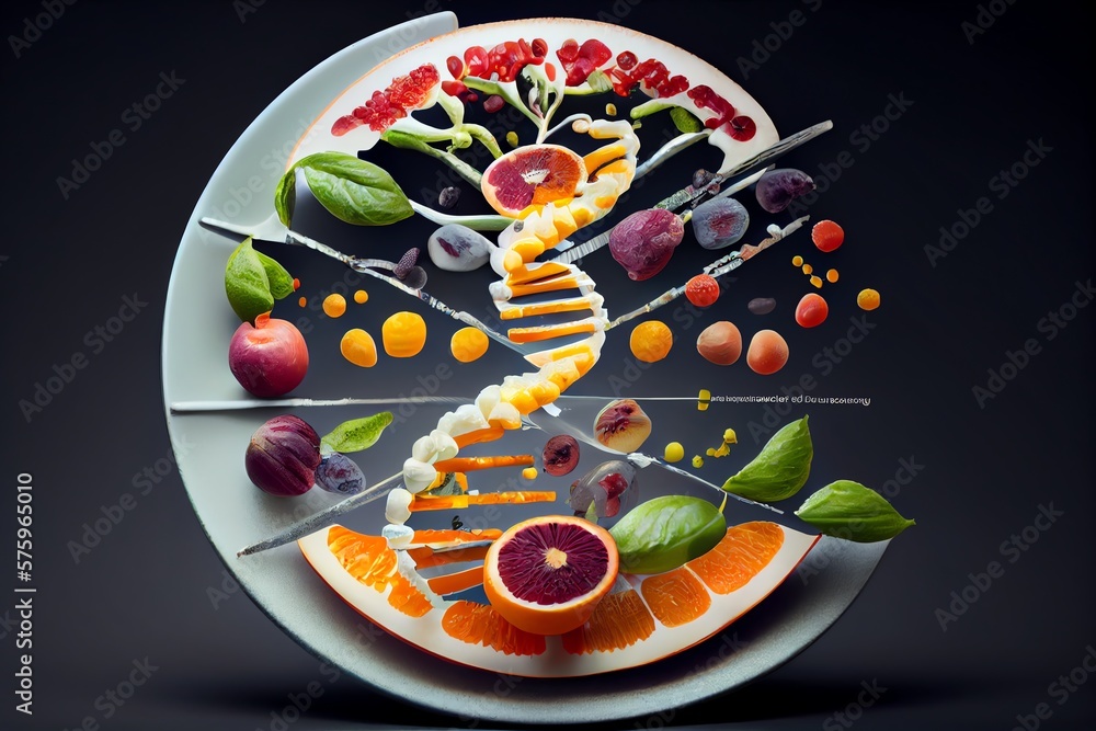 Dna Food And Genetically Modified Foods, Dna Helix Structure On Plate. Generative AI