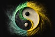 Abstrakte Yin und Yang Symbole in gelb und grün mit Puder, Staub und Rauch vermischt. Chinesische dualistische Weltsicht für Dinge aus zwei gegensätzlichen, aber komplementären Kräften. Generativ KI