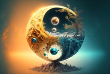 Abstrakte Yin Und Yang Symbole Mit Puder, Staub Und Rauch Vermischt. Chinesische Dualistische Weltsicht Für Dinge Aus Zwei Gegensätzlichen, Aber Komplementären Kräften.