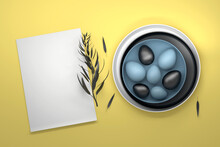Easter Composition, Greeting Card With Blue Black Easter Eggs On Plates With Blank Menu, White Card On Yellow Background. 3d Render.