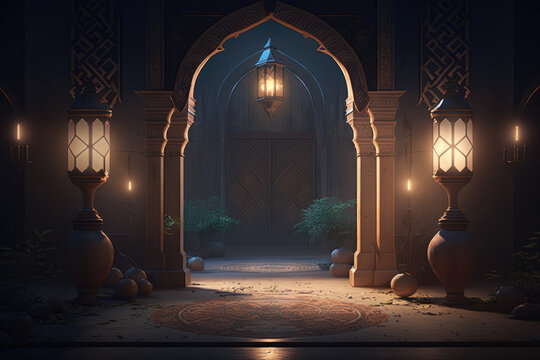 abstract islamic interior, lantern, gate, arches, door. ramadan lantern. generative ai illustration 