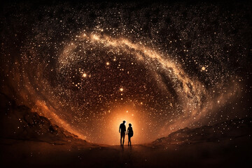 two lovers in a romantic couple pose with starry night galaxy sky. man and woman silhouette in happy