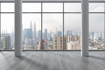 Downtown Kuala Lumpur City Skyline Buildings from High Rise Window. Beautiful Expensive Real Estate overlooking. Empty room Interior Skyscrapers View Malaysia. Day time. 3d rendering.