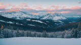 Fototapeta Niebo - winter, snow-capped mountains and forest