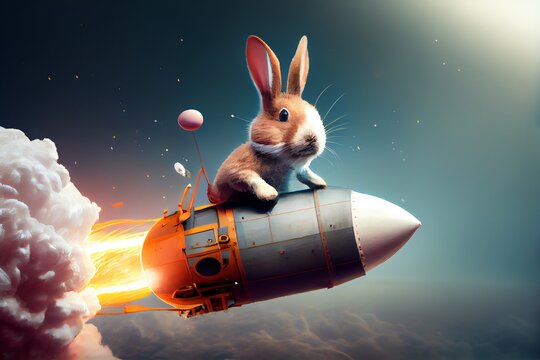 bunny rabbit riding on a rocket ship. generative ai