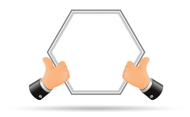 Two cartoon hands hold the frame. Empty frame, free space for copying. Template for text and image.
Vector drawing, 3d.
