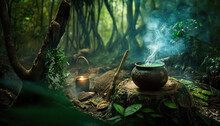 Pot In The Middle Of The Forest Cooking Ayahuasca.