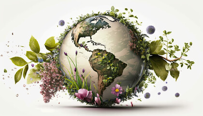 lonely earth planet isolated on white background with flowers around vector style or icon.