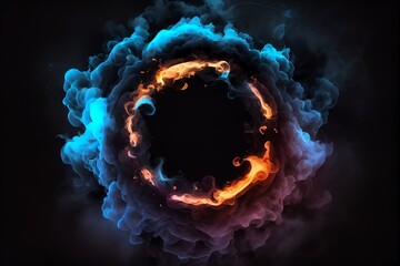 Wall Mural - Neon Smoke Exploding Outwards With Empty Center. Dramatic Smoke Or Fog Effect For Spooky, Hot Lighting Ring Circle. Generative AI