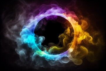 Wall Mural - Neon Smoke Exploding Outwards With Empty Center. Dramatic Smoke Or Fog Effect For Spooky, Hot Lighting Ring Circle. Generative AI