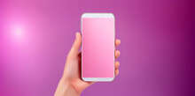 One hand holding a smartphone / Mobile phone with blank display / Pink + White / Ideal for a presentation + decoration / Neutral background / Space for text / Blank text / Copy space
