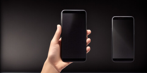 One hand holding a smartphone + extra phone / Mobile phone with blank display / Black / Ideal for a presentation + decoration / Neutral background / Space for text / Blank text / Copy space
