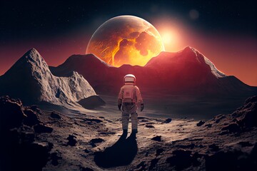 Wall Mural - Astronaut Exploring Moon With Mountains And Sun, Created Using Technology. Generative AI
