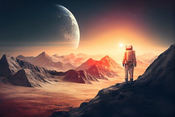 Wall Mural - Astronaut Exploring Moon With Mountains And Sun, Created Using Technology. Generative AI
