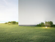 House with white concrete wall near empty grass floor. 3d rendering of green lawn in modern home.