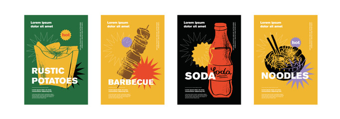rustic potatoes, soda, skewer, noddles. price tag or poster design. set of vector illustrations. typ