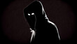 Ghost hacker criminal scary hood anonymous creepy devil danger silhouette shadow black face fear horror night character symbol identity hooligan unknow happy halloween cyber copy space . Generative AI