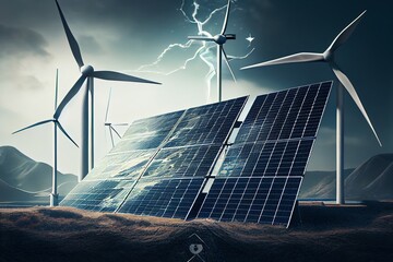 Wall Mural - Renewable Energy Background With Green Energy As Wind Turbines And Solar Panels. Generative AI