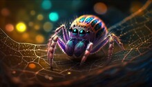 Cute Little Colorful Spider On Spiderweb With Glowing Particles In The Background. Generative AI