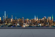 Skyscrapers Cityscape Downtown, New York Skyline Buildings. Beautiful Real Estate. Night Time. Empty Rooftop View. Success Concept.