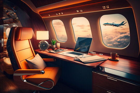 interior of luxurious private jet with leather seats. generative ai