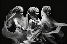 Generative Ai Black And White Illustration Of Three Women Dancing