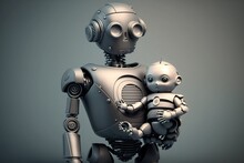 A Mother Robot Carrying A Baby Robot In Hand.Created Using Generative AI