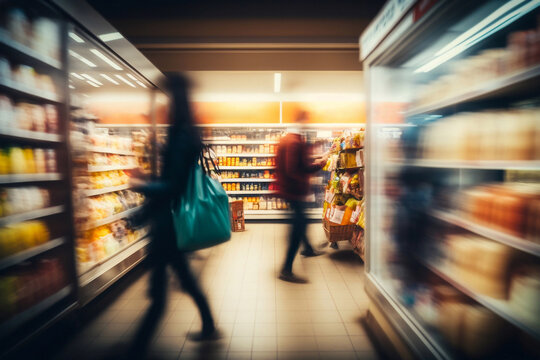 busy supermarket aisle with customers. generative ai