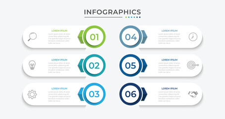 Sticker - Timeline infographic template design with arrows and circles. Business concept with 6 options, steps, sections.